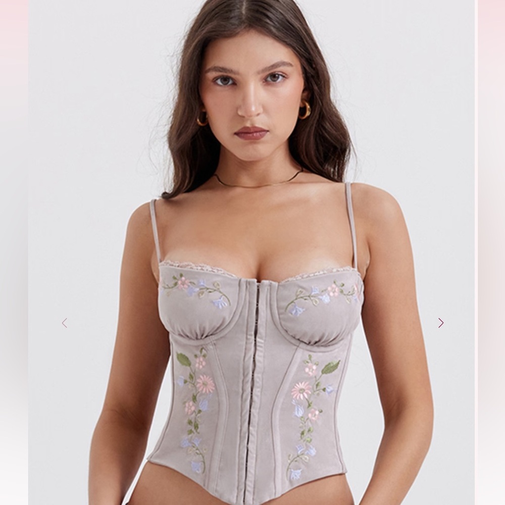 House of CB Floral Embroidered Corset in Light Gray “Petunia”